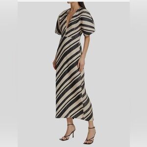 Lela Rose Size 12 Sheath Dress Black and Cream Diagonal Stripe V-Neck Midi NWT